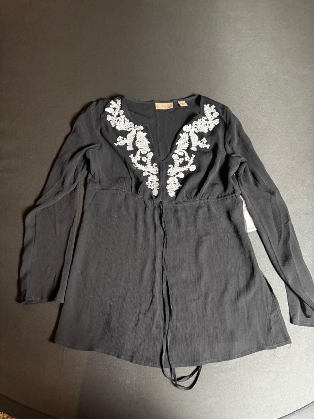 Boho Black Embroidered Peasant Top S 100% Silk Cottagecore